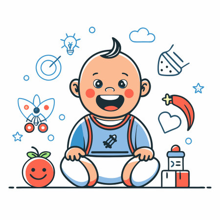 Doodle Art Illustration of an Adorable Smiling Baby with Cute Detailsのイラスト素材