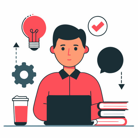Young man working on laptop. Flat design modern vector illustration concept.のイラスト素材