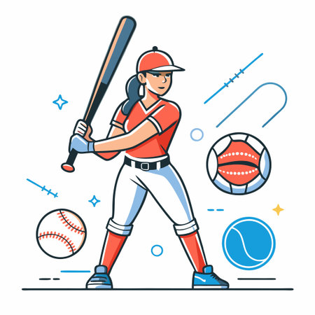 Baseball player with ball and bat. Line art vector illustration.のイラスト素材