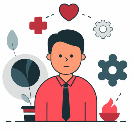 Flat style vector illustration of a man in a red shirt, tie and tie sitting at the table with a flower in a pot and a gear wheel.のイラスト素材