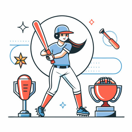 Baseball player with bat, ball and trophy. Vector line art illustration.のイラスト素材