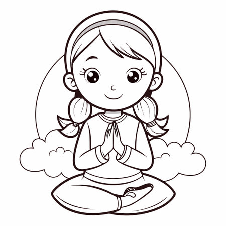 Cute and Serene Coloring Page for Young Kids Featuring a Praying Girlのイラスト素材