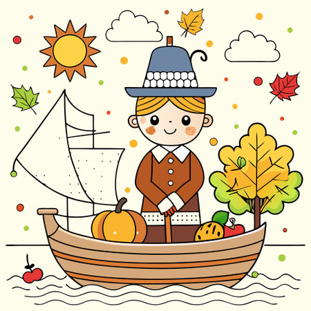 Pilgrim Boat Dot-to-Dot Puzzle for a Festive Thanksgiving Celebrationのイラスト素材