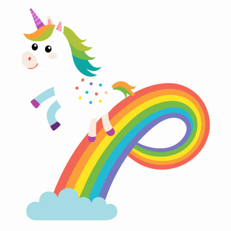 Playful Unicorn Dot-to-Dot Adventure Sliding Down the Rainbow in Isolationのイラスト素材