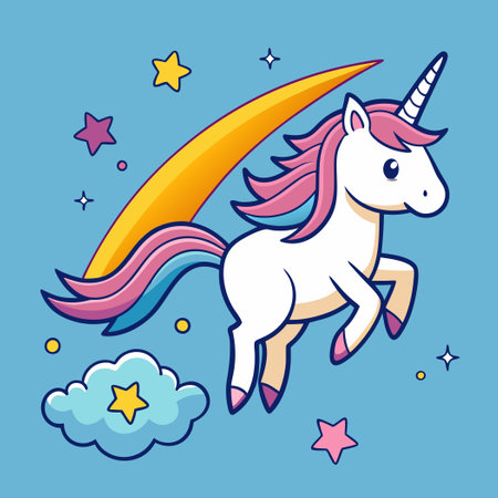 Dreamy Fantasy of a Unicorn Soaring Through the Night Sky Amidst Shooting Starsのイラスト素材