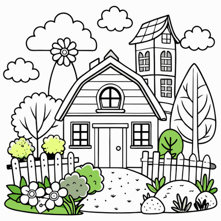 Printable Farmhouse Coloring Page for Children with Intricate Detailsのイラスト素材
