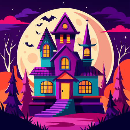 Haunted House Illustration with Spooky Colors and Intricate Detailsのイラスト素材