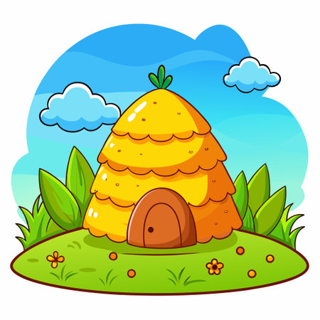 Colorful Cartoon Haystack Illustration with a Smiling Sun and Cloudsのイラスト素材