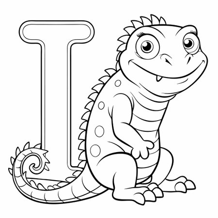 Educational Iguana Alphabet Coloring Page Featuring the Letter 'I'のイラスト素材
