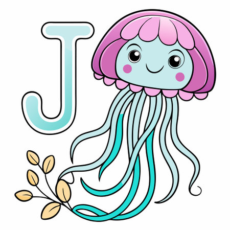 Printable Jellyfish Alphabet Letter "J" Coloring Page for Kids and Adultsのイラスト素材