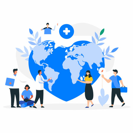 People Celebrating World Health Day with Heart Hands and Globe Illustrationのイラスト素材