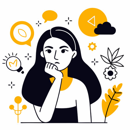 Thoughtful Woman Contemplating Ideas in a Conceptual Illustrationのイラスト素材