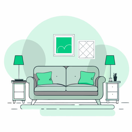 Modern Sofa Concept Illustration with Abstract Shapes and Vibrant Colorsのイラスト素材