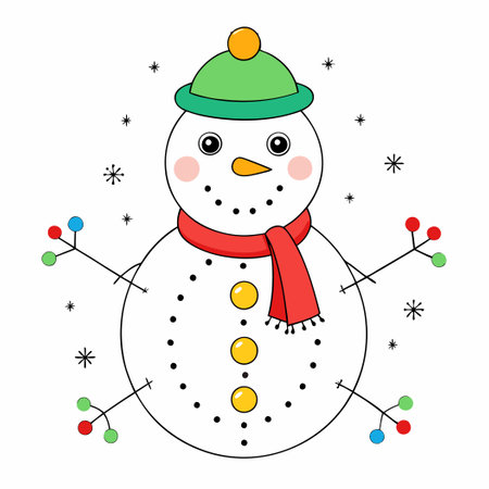 Dot-to-Dot Christmas Coloring Page Featuring a Cheerful Snowmanのイラスト素材