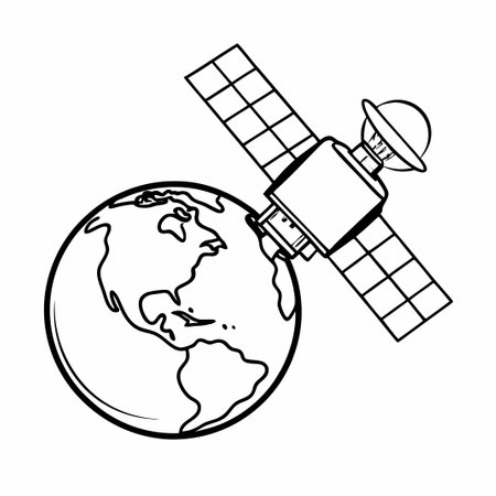 Satellite Orbiting Planet Earth Coloring Page Drawingのイラスト素材
