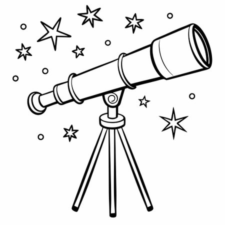 Coloring Page Featuring a Telescope Aiming Towards the Starry Night Skyのイラスト素材