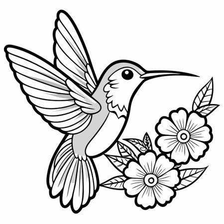 Hummingbird in Flight Near Vibrant Flowers: A Coloring Page Fantasyのイラスト素材
