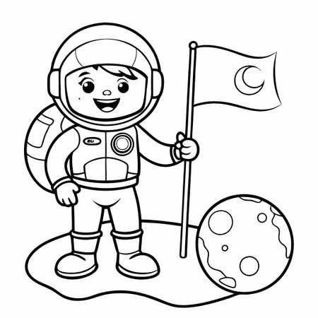 Coloring Page Depicting an Astronaut Planting the Flag on an Extraterrestrial Moonのイラスト素材