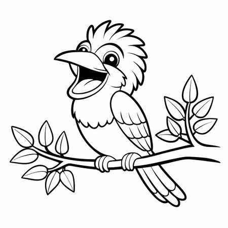 Printable Kookaburra Coloring Page Featuring a Laughing Bird Perched on a Tree Branchのイラスト素材