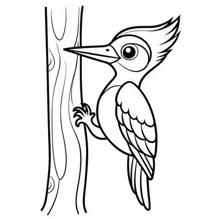 Coloring Page Depicting a Woodpecker Tapping on a Tree Trunkのイラスト素材