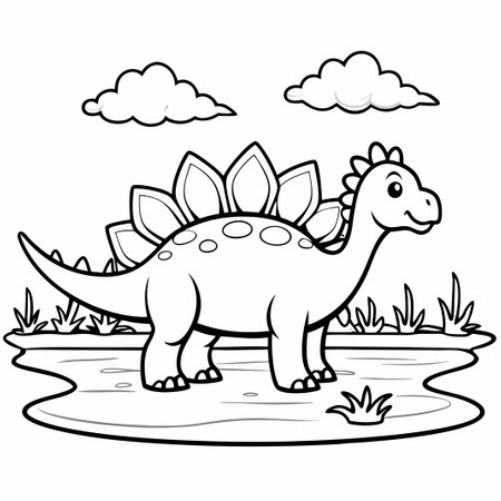 Coloring Page Featuring a Stegosaurus by a Serene Lakeのイラスト素材