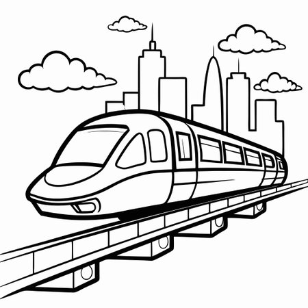 Coloring Page: Monorail Gliding Gracefully Above a Bustling City Skyline
