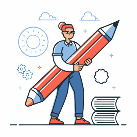 Creative Professional Using Oversized Pencil for Conceptual Illustrationのイラスト素材