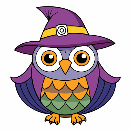 Cute owl in a witch's hat. Cartoon vector illustration.のイラスト素材
