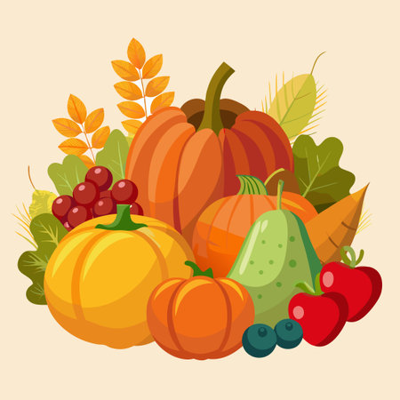 Autumn harvest. Pumpkins, apples, berries, carrots, pears, pumpkin, apples. Vector illustrationのイラスト素材