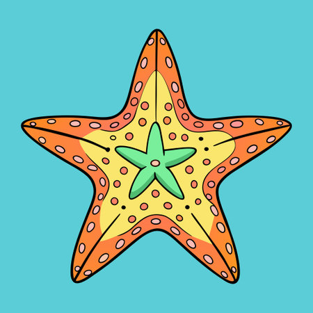 Colorful starfish isolated on blue background. Vector illustration in doodle style.のイラスト素材