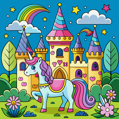 Unicorn and fairy tale castle. Vector illustration in cartoon style.のイラスト素材