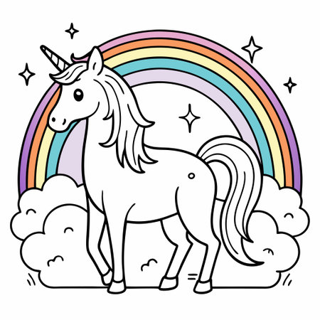 Unicorn with rainbow and clouds. Hand drawn vector illustration.のイラスト素材
