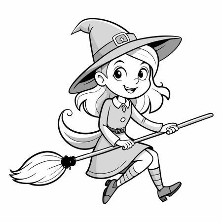 Cute cartoon witch with a broom. Black and white illustration.のイラスト素材