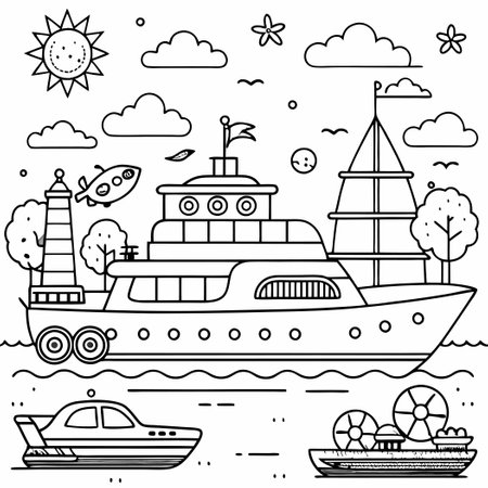 Line art vector illustration of a ship in the sea. Coloring book for children.のイラスト素材