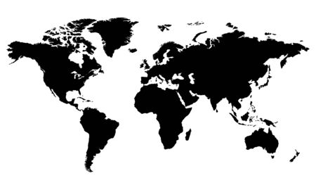 World map vector, black isolated on white background. Flat Earth, gray map template for web site pattern, anual report, inphographics. Travel worldwide, map silhouette backdrop. Royalty free.のイラスト素材