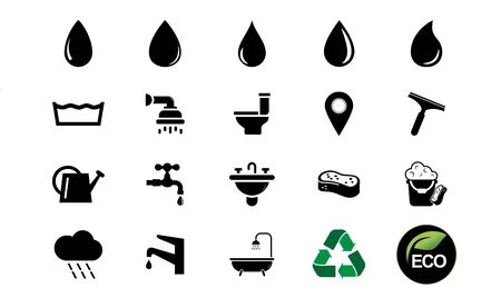 Water icon set flat style black on white background, simply vector design, water symbol icons, water drop silhouette.のイラスト素材