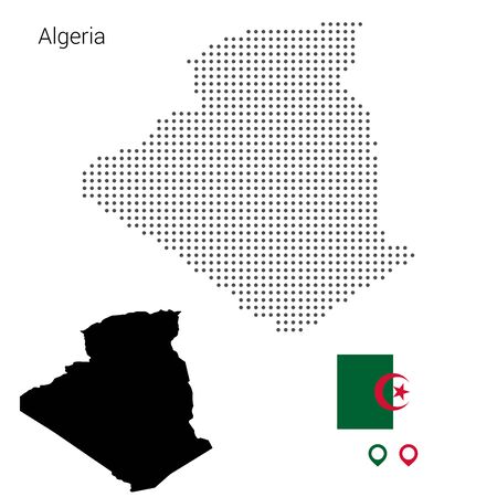 Algeria map vector dotted, with flag and pin, Illustration. Web design, wallpaper, flyers, footage, posters brochure bannersのイラスト素材