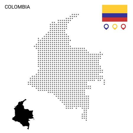 Dotted vector map of Colombia. Round gray spots. Colombia map with national flag and map icons. Black silhouetteのイラスト素材