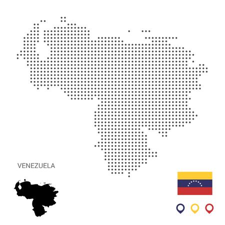 Dotted vector map of Venezuela. Round gray spots. Venezuela map with national flag and map icons. Black silhouetteのイラスト素材