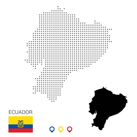 Dotted vector map of Ecuador. Round gray spots. Equador map with national flag and map icons. Black silhouetteのイラスト素材