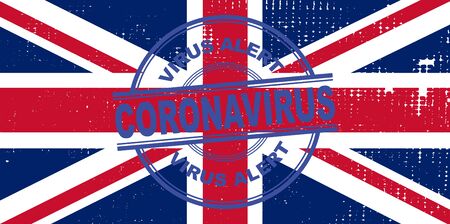 Coronavirus alert stamp UK. Covid-19 alert in United Kingdom. Vector illustration with UK flag background.のイラスト素材