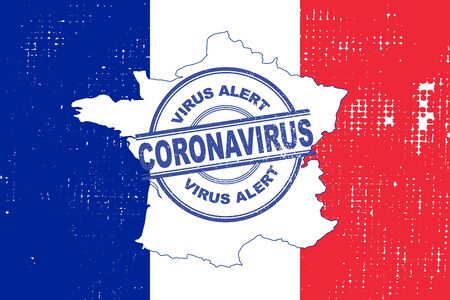 Coronavirus alert stamp Framce. Covid-19 alert in France. Vector illustration with France flag background.のイラスト素材