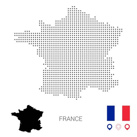 Dotted vector map of France. Round gray spots. France map with national flag and map icons. Black silhouetteのイラスト素材
