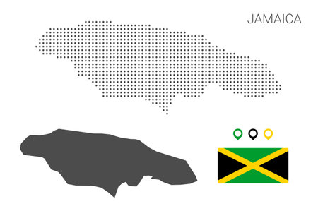 Dotted jamaica map with national flag and map marker. Illustration for technology design or infographics. Isolated on white background. Travel vector illustrationのイラスト素材