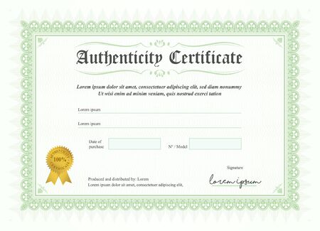 Certificate of authenticity, vector illustration with watermark and stamp. A5 format, green colourのイラスト素材