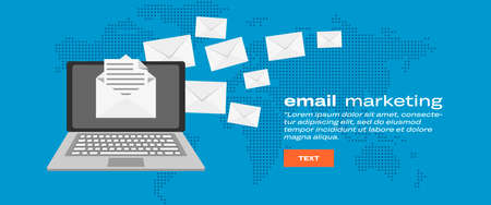 Email marketing banner on the laptop screen with envelopes on the back. Vector illustrationのイラスト素材