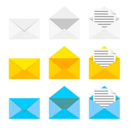 Set of icons with a picture of a closed letter. Paper document enclosed in an envelope. Delivery of correspondence or office documents. Vector illustration isolated on white background. blue white and yellow colorのイラスト素材