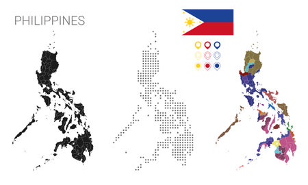Map of Philippines dotted with silhouette and people region, with flag and pin in color, vector illustration scalable.のイラスト素材