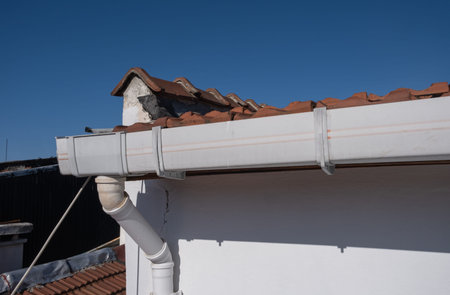 rain gutter on the roof, plastic drainage system,