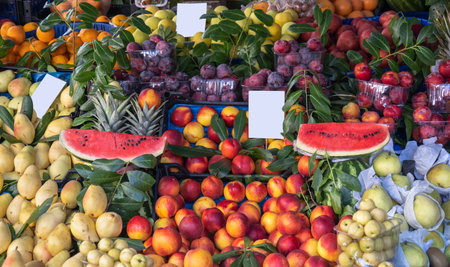 Fresh organic fruits at the greengrocerの写真素材